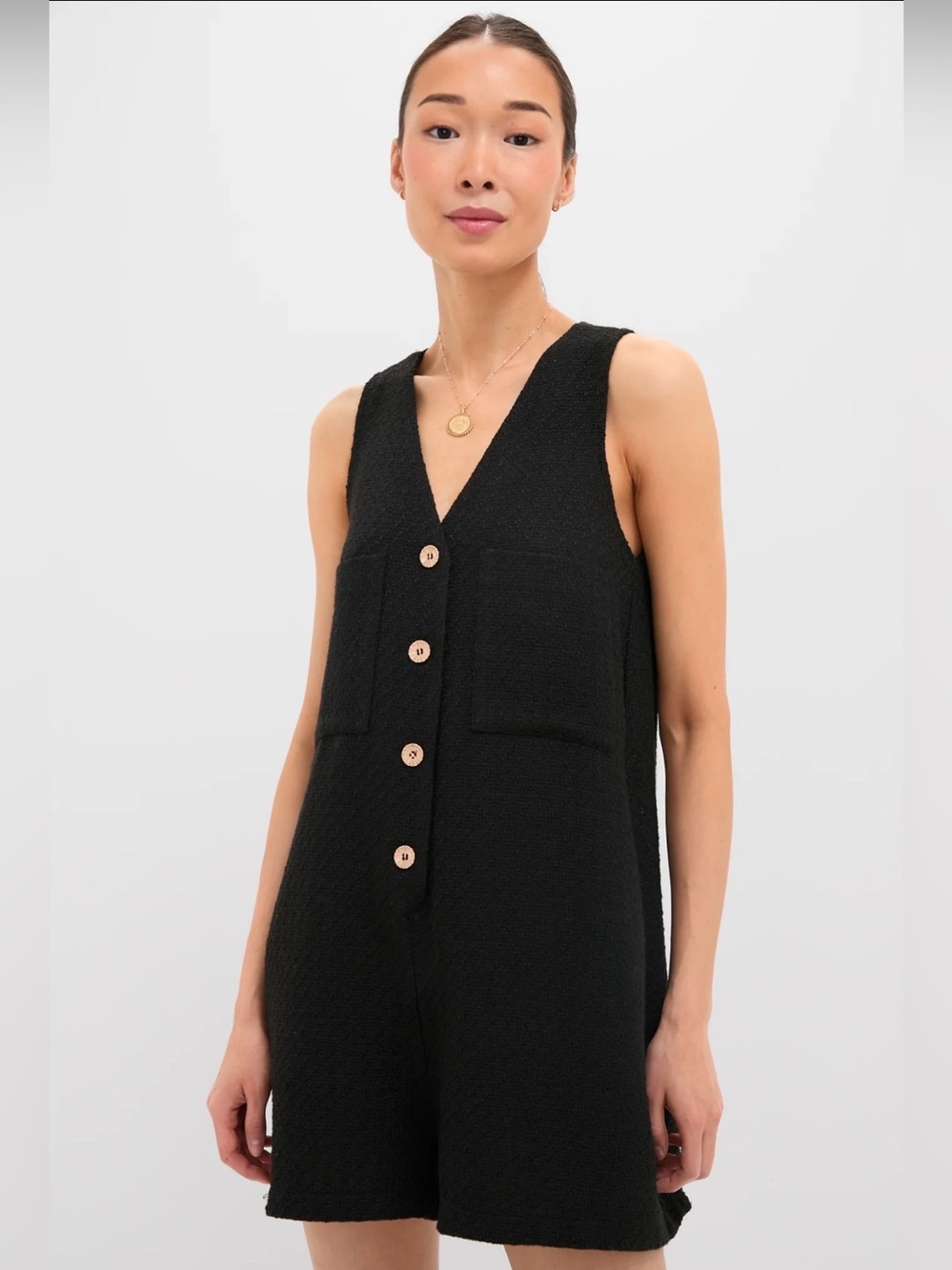 Tuckernuck Black Textured V-Neck Sleeveless Romper with Front Pockets